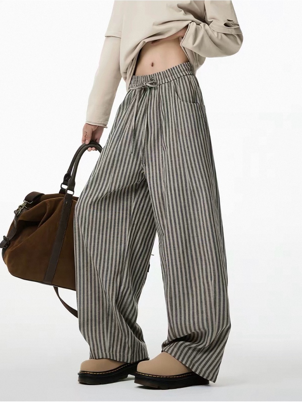 Wide Leg Striped Drawstring Pants - warm gray